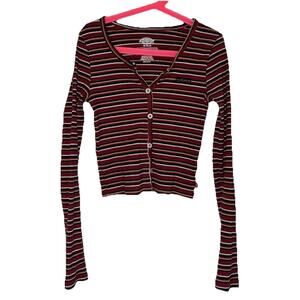 Dickies Striped Red Cropped Henley Shirt Retro 90s Y2K Girls Junior Size Medium